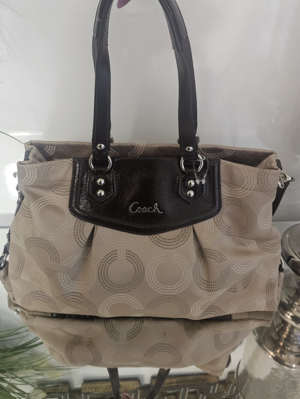 Coach Ashley  Beige Signature Circle Satchel  with Dark Brown Trim